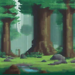 Create a pixel art scene with a dense giant forest in the foreground and huge pagan stone legends in the background