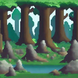 Create a pixel art scene with a dense giant forest in the foreground and huge pagan stone legends in the background