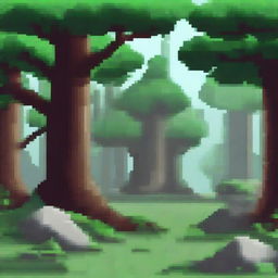 Create a pixel art scene with a dense giant forest in the foreground and huge pagan stone legends in the background