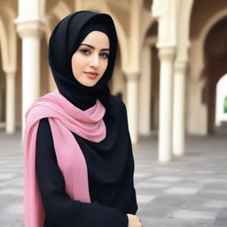 A 24-year-old woman wearing a black hijab and a pink bra