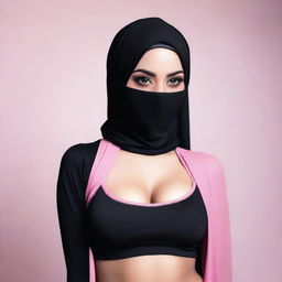 A 24-year-old woman wearing a black hijab and a pink bra