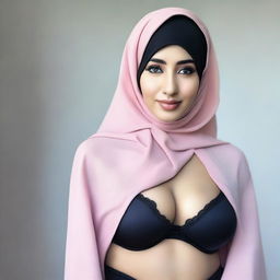 A 24-year-old woman wearing a black hijab and a pink bra