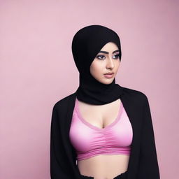 A 24-year-old woman wearing a black hijab and a pink bra