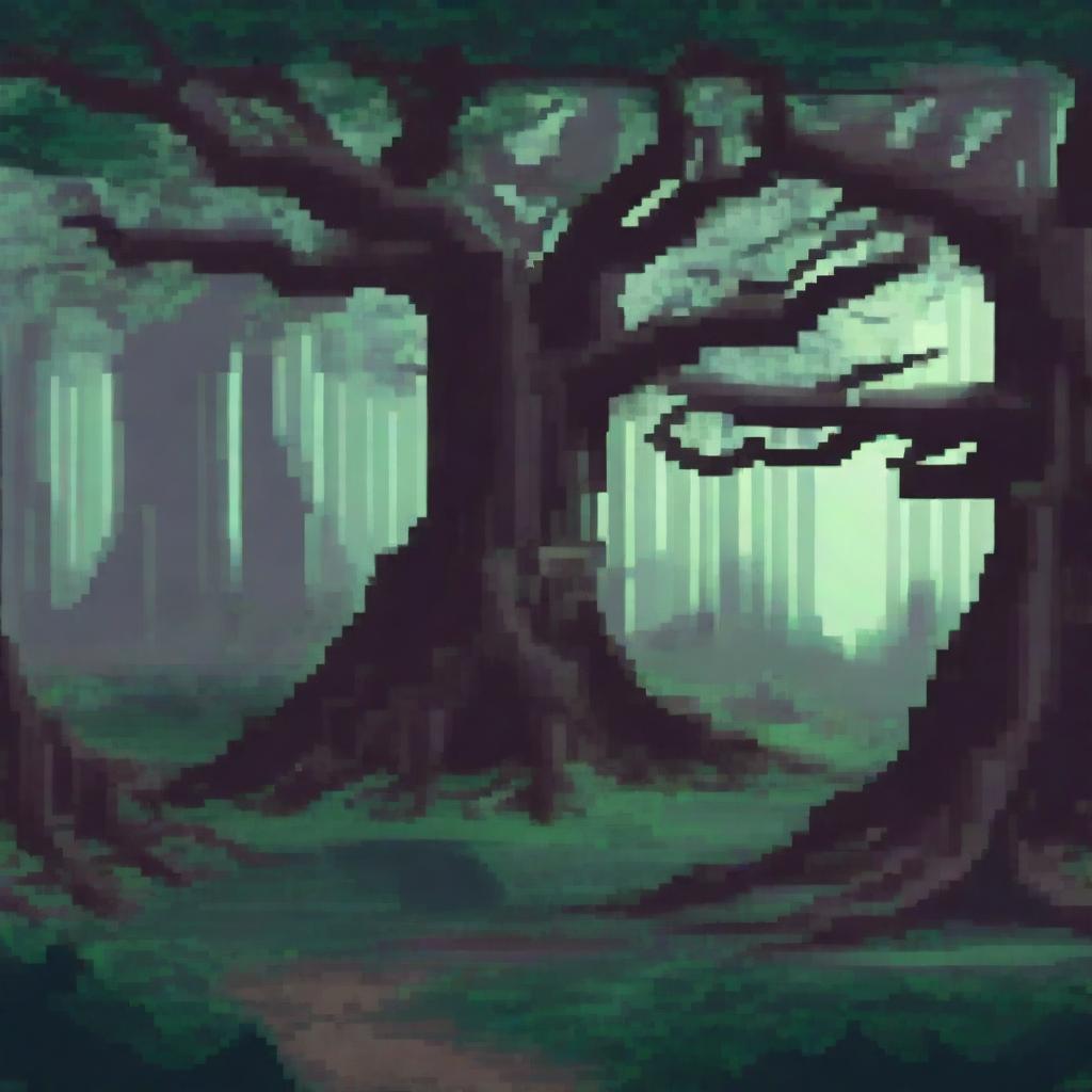 A dark fantasy pixel art forest background for a game