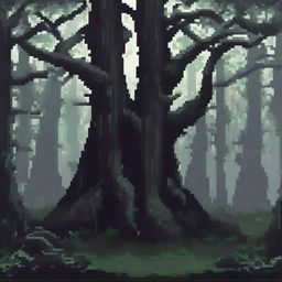 A dark fantasy pixel art forest background for a game