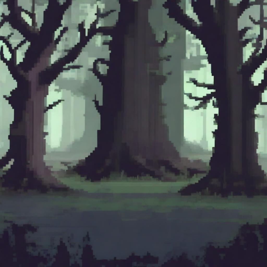 A dark fantasy pixel art forest background for a game