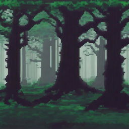 A dark fantasy pixel art forest background for a game