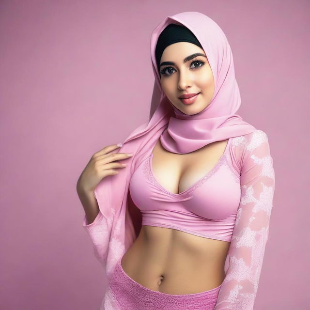 A 24-year-old woman wearing a pink hijab along with a matching pink bra and panties