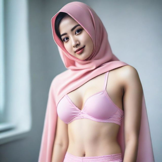 A 24-year-old Asian woman wearing a pink hijab along with a matching pink bra and panties