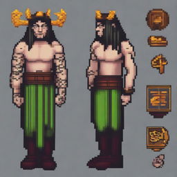 Create an image of a 16-bit pixel art character who is a pagan guy with visible tattoos