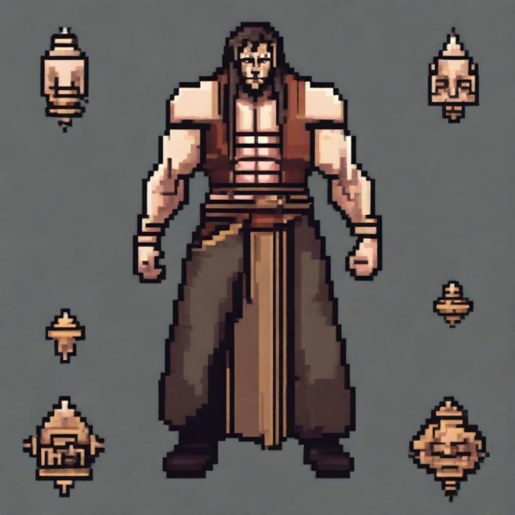 Create an image of a 16-bit pixel art character who is a pagan guy with visible tattoos