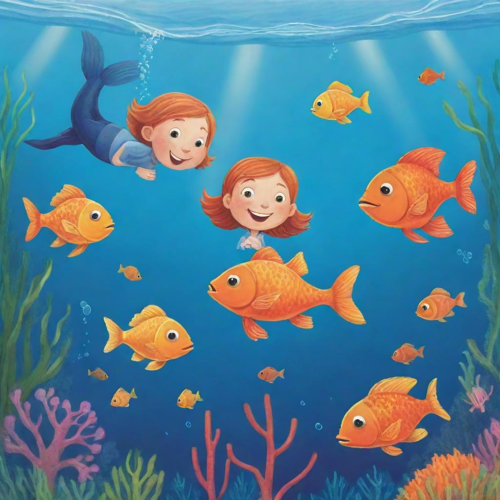 A pleasurable, easy-to-draw cartoon image for children's book featuring Finn, Fiona, and Freddie the Fish, joyfully swimming together in the vibrant underwater world.