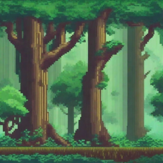 Create a background for a 16-bit pixel platformer game with a theme of traveling through a dense forest