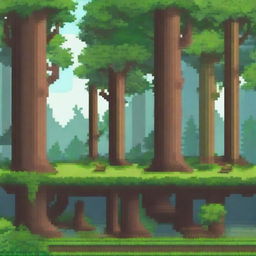 Create a background for a 16-bit pixel platformer game with a theme of traveling through a dense forest