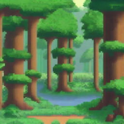 Create a background for a 16-bit pixel platformer game with a theme of traveling through a dense forest