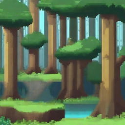 Create a background for a 16-bit pixel platformer game with a theme of traveling through a dense forest