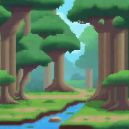 Create a detailed background for a 16-bit pixel platformer game with a theme of traveling through a dense forest