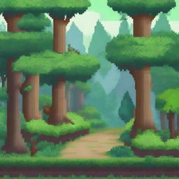 Create a detailed background for a 16-bit pixel platformer game with a theme of traveling through a dense forest