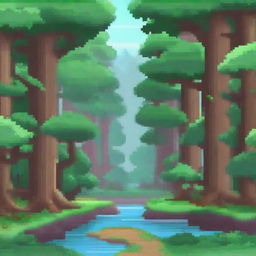 Create a detailed background for a 16-bit pixel platformer game with a theme of traveling through a dense forest