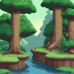 Create a detailed background for a 16-bit pixel platformer game with a theme of traveling through a dense forest