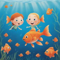 A pleasurable, easy-to-draw cartoon image for children's book featuring Finn, Fiona, and Freddie the Fish, joyfully swimming together in the vibrant underwater world.