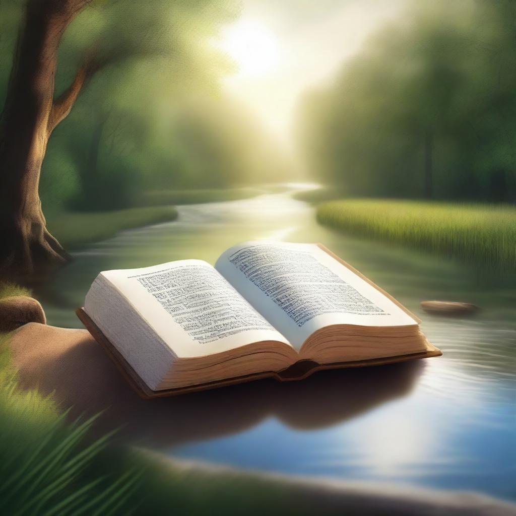 A serene and peaceful illustration depicting Psalms from the Bible, featuring an open Bible with glowing pages, surrounded by a tranquil natural setting with soft sunlight filtering through trees and gentle streams flowing nearby