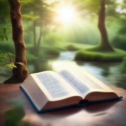 A serene and peaceful illustration depicting Psalms from the Bible, featuring an open Bible with glowing pages, surrounded by a tranquil natural setting with soft sunlight filtering through trees and gentle streams flowing nearby