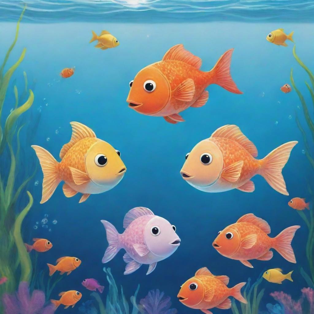 A pleasurable, easy-to-draw cartoon image for children's book featuring Finn, Fiona, and Freddie the Fish, joyfully swimming together in the vibrant underwater world.