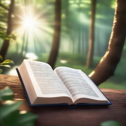 A serene and peaceful illustration depicting Psalms from the Bible, featuring an open Bible with glowing pages, surrounded by a tranquil natural setting with soft sunlight filtering through trees and gentle streams flowing nearby