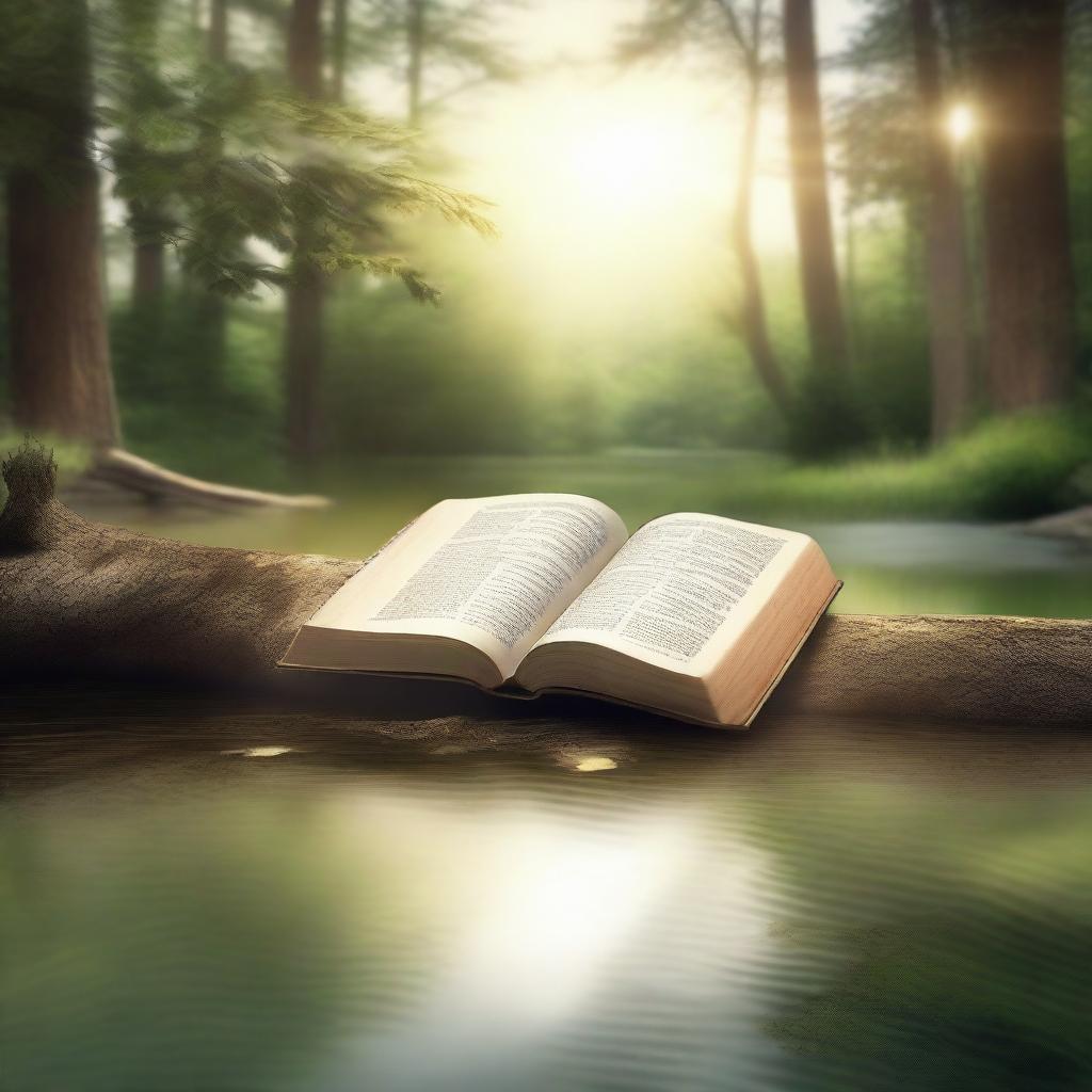 A serene and peaceful illustration depicting Psalms from the Bible, featuring an open Bible with glowing pages, surrounded by a tranquil natural setting with soft sunlight filtering through trees and gentle streams flowing nearby