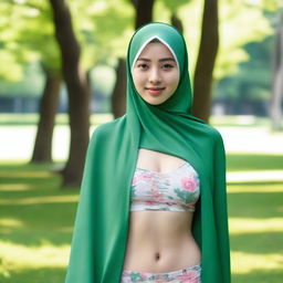 A 24-year-old Asian woman wearing a hijab and a bikini, standing in a park