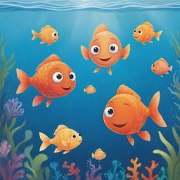 A pleasurable, easy-to-draw cartoon image for children's book featuring Finn, Fiona, and Freddie the Fish, joyfully swimming together in the vibrant underwater world.