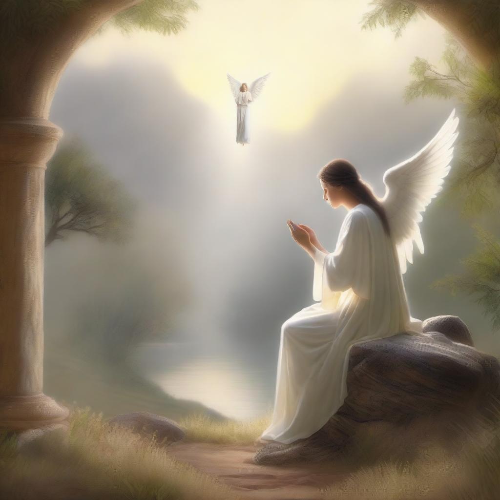 A serene and peaceful scene depicting Psalm 91, with an angel watching over a person in a tranquil environment