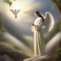 A serene and peaceful scene depicting Psalm 91, with an angel watching over a person in a tranquil environment