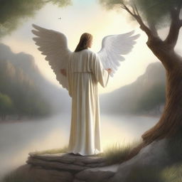 A serene and peaceful scene depicting Psalm 91, with an angel watching over a person in a tranquil environment