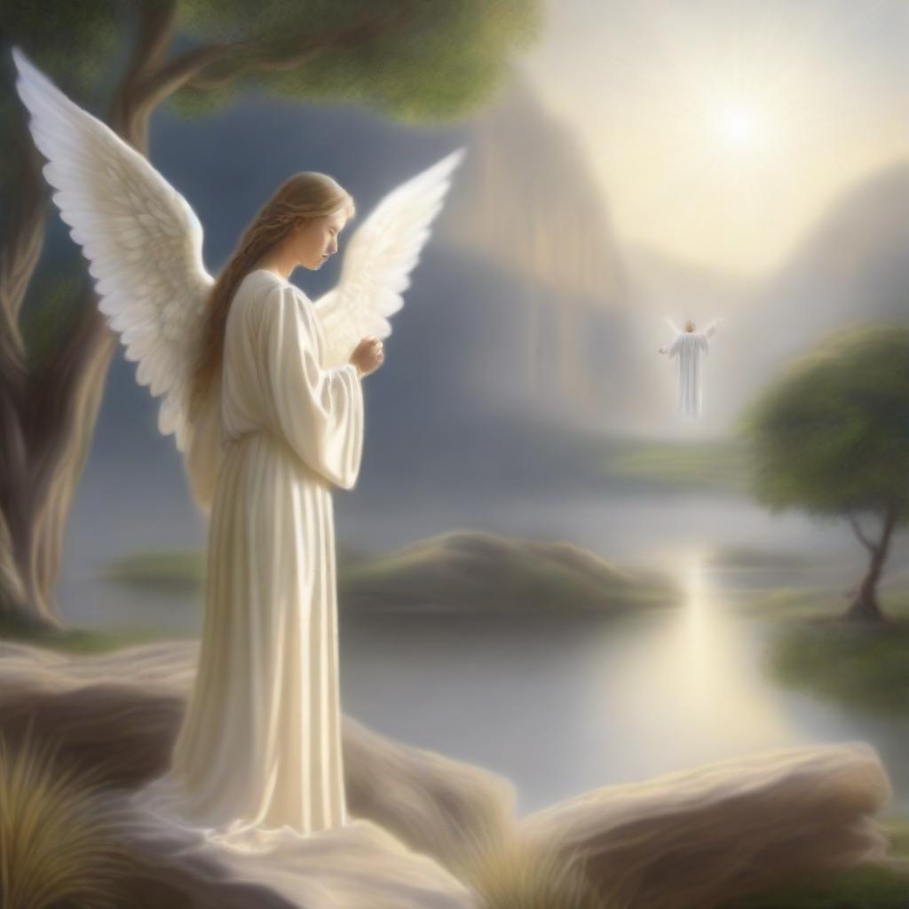 A serene and peaceful scene depicting Psalm 91, with an angel watching over a person in a tranquil environment