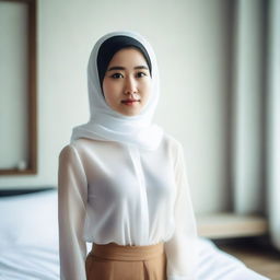 A 24-year-old Asian woman wearing a hijab and a transparent white shirt without a bra, standing in a room