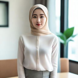 A 24-year-old Asian woman wearing a hijab and a transparent white shirt without a bra, standing in a room