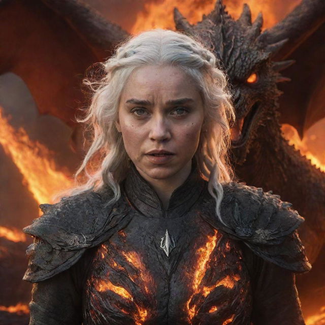 A realistic portrait of an enraged Daenerys Targaryen in a glowing lava armor, with a commanding dragon set as the backdrop