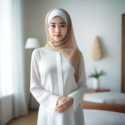 A 24-year-old Asian woman wearing a hijab and a transparent white shirt without a bra, standing in a room