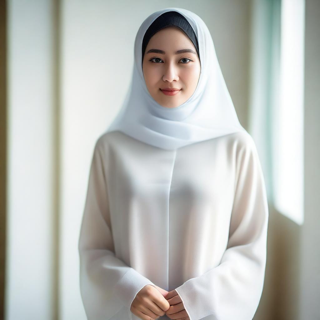 A 24-year-old Asian woman wearing a hijab and a transparent white shirt without a bra, standing in a room