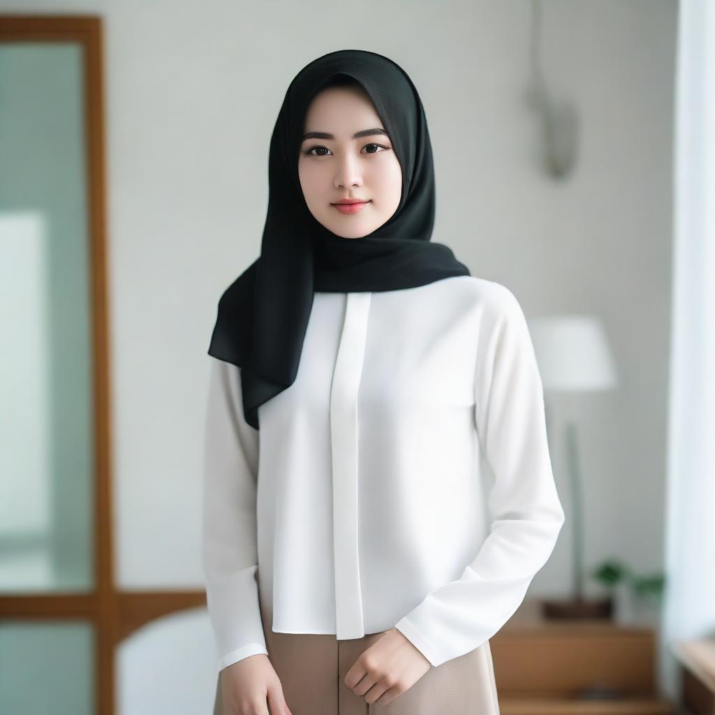 A 24-year-old Asian woman wearing a hijab and a white shirt with transparent nipples, standing in a room