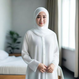 A 24-year-old Asian woman wearing a hijab and a white shirt with transparent nipples, standing in a room