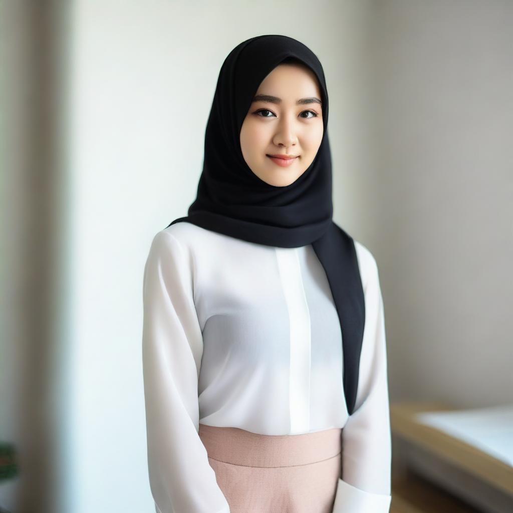 A 24-year-old Asian woman wearing a hijab and a white shirt with transparent nipples, standing in a room