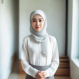 A 24-year-old Asian woman wearing a hijab and a white shirt with transparent nipples, standing in a room