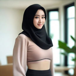 A 24-year-old Asian woman wearing a hijab and a transparent black bra, standing in a room