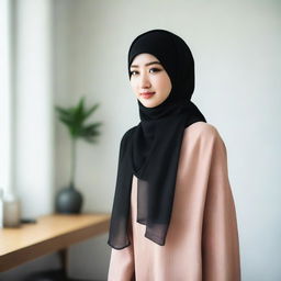 A 24-year-old Asian woman wearing a hijab and a transparent black bra, standing in a room