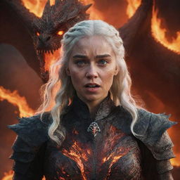 A realistic portrait of an enraged Daenerys Targaryen in a glowing lava armor, with a commanding dragon set as the backdrop