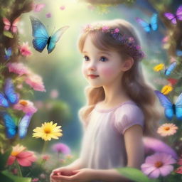 A young girl exploring a magical fairy world filled with vibrant flowers, sparkling streams, and fluttering fairies