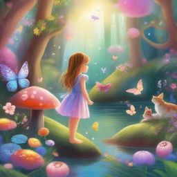 A young girl exploring a magical fairy world filled with vibrant flowers, sparkling streams, and fluttering fairies